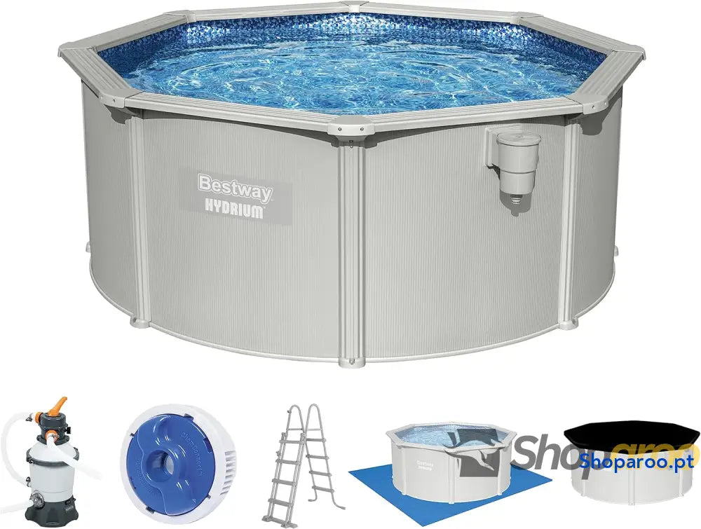 Bestway Hydrium Piscina de parede em aço com filtro areia diâmetro 300 x 120 cm cinzenta redonda