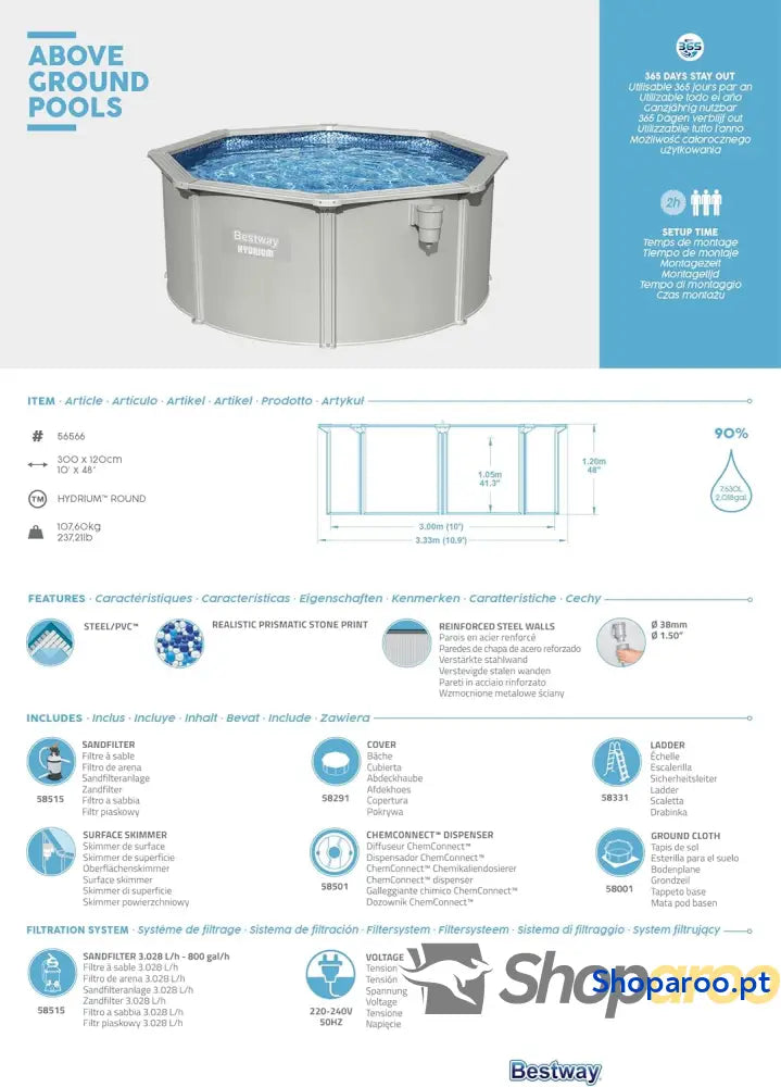 Bestway Hydrium Piscina de parede em aço com filtro areia diâmetro 300 x 120 cm cinzenta redonda