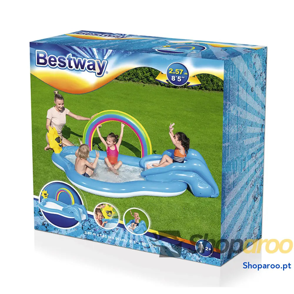 Bestway Piscina Inflável Parque de Jogos Arco íris 257x145x91 cm + 2 Anos Jardim 53092