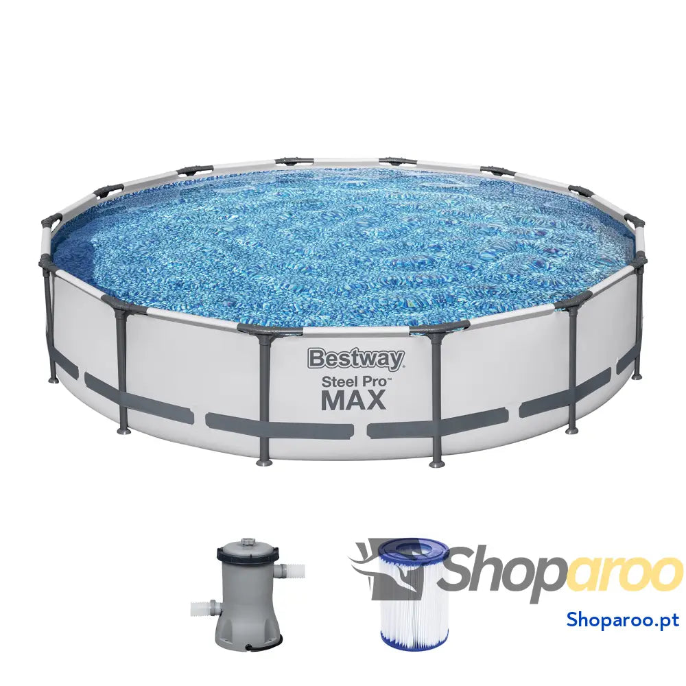 Bestway Steel Pro MAX Frame Piscina Completa com Bomba de Filtro (diâmetro 366 x 122 cm) Cor Cinza Claro