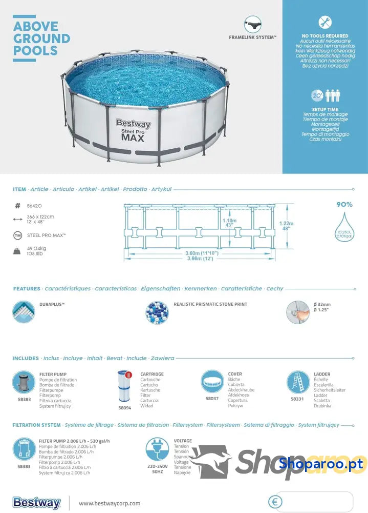 Bestway Steel Pro MAX Frame Piscina Completa com Bomba de Filtro (diâmetro 366 x 122 cm) Cor Cinza Claro
