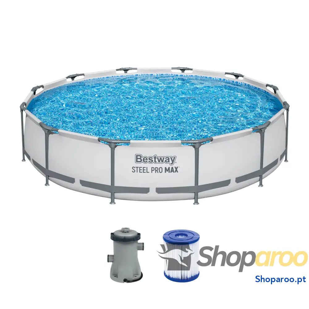 Bestway Steel Pro MAX Frame Piscina Completa com Bomba de Filtro (diâmetro 366 x 122 cm) Cor Cinza Claro