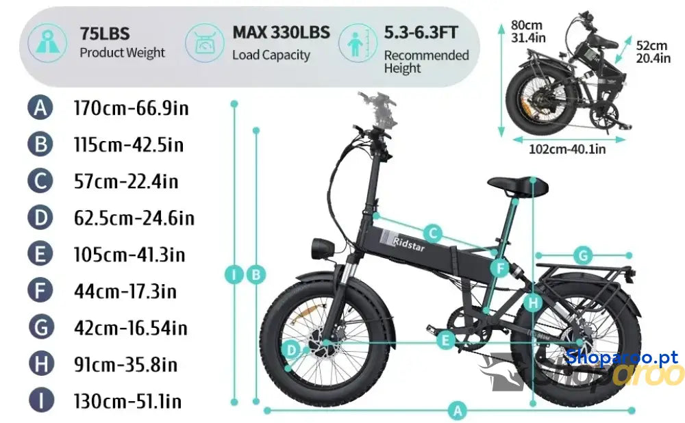 Bicicleta elétrica dobrável Ridstar H20 Pro 2000W pneu largo 20 polegadas