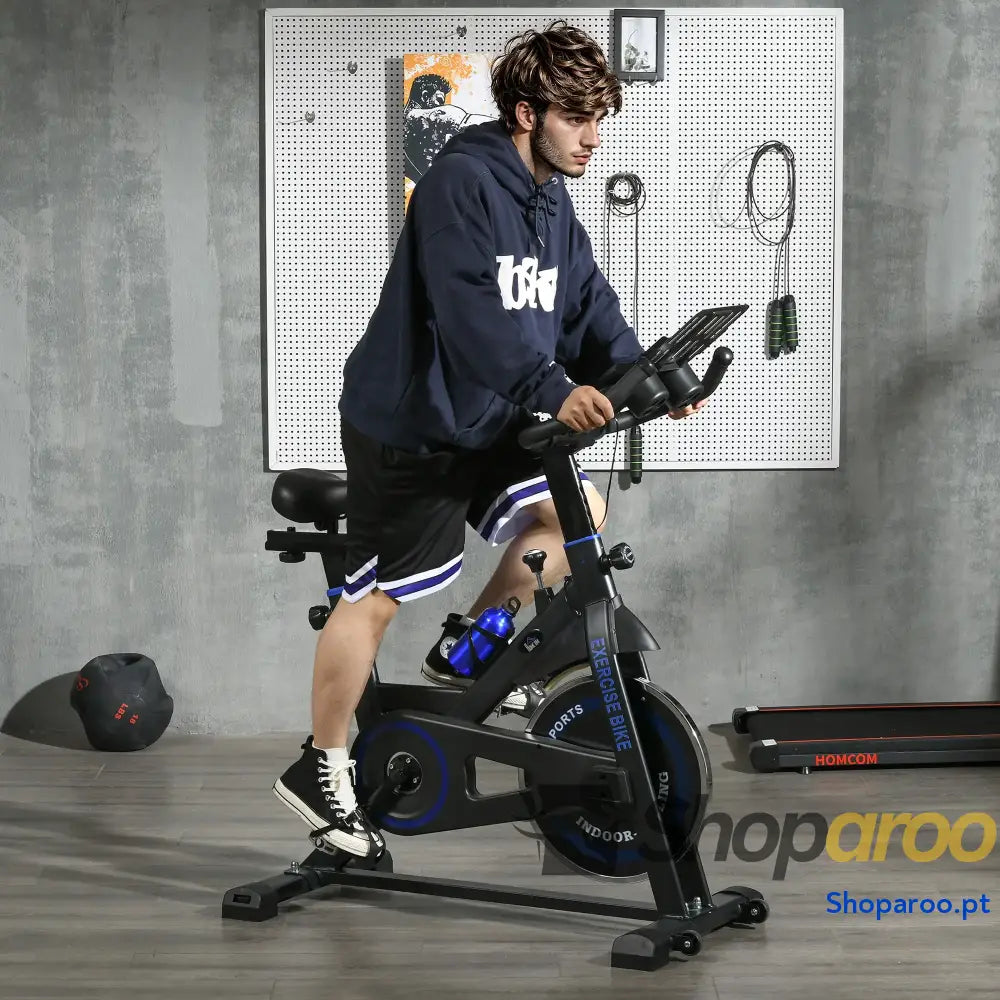 Bicicleta Estática com Volante de Inércia 8 kg Ecrã LCD Guiador e Assento Ajustáveis 103x53x110 114 cm Azul