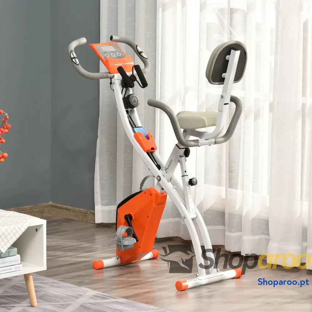 Bicicleta Estática Dobrável com Altura e Resistência Ajustáveis com Tela LCD e Assento com Encosto 51x97x115cm Laranja