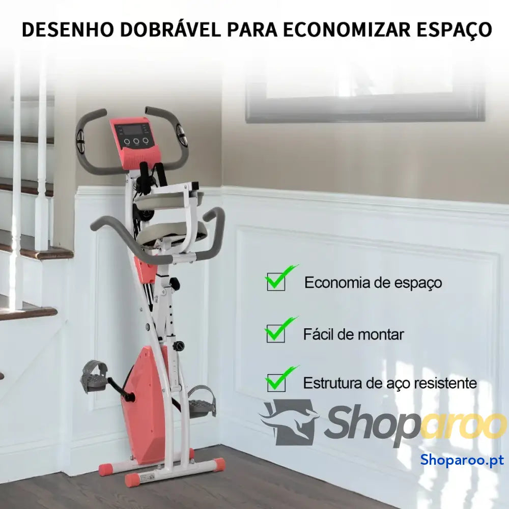 Bicicleta Estática Dobrável com Encosto e Faixa Elástica Rosa