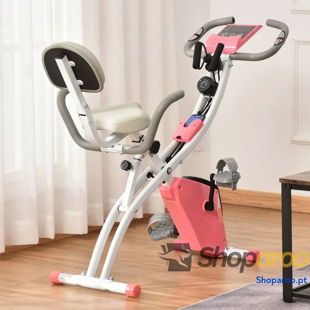 Bicicleta Estática Dobrável com Encosto e Faixa Elástica Rosa