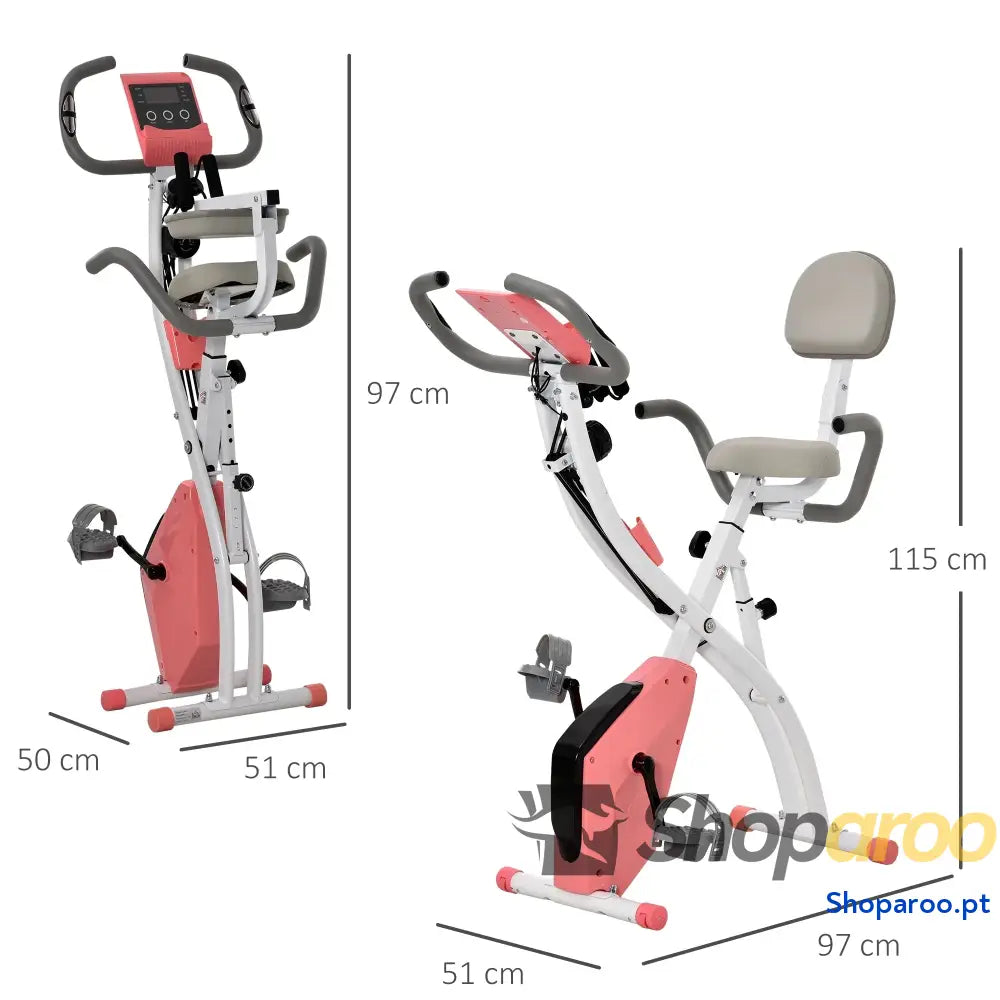 Bicicleta Estática Dobrável com Encosto e Faixa Elástica Rosa
