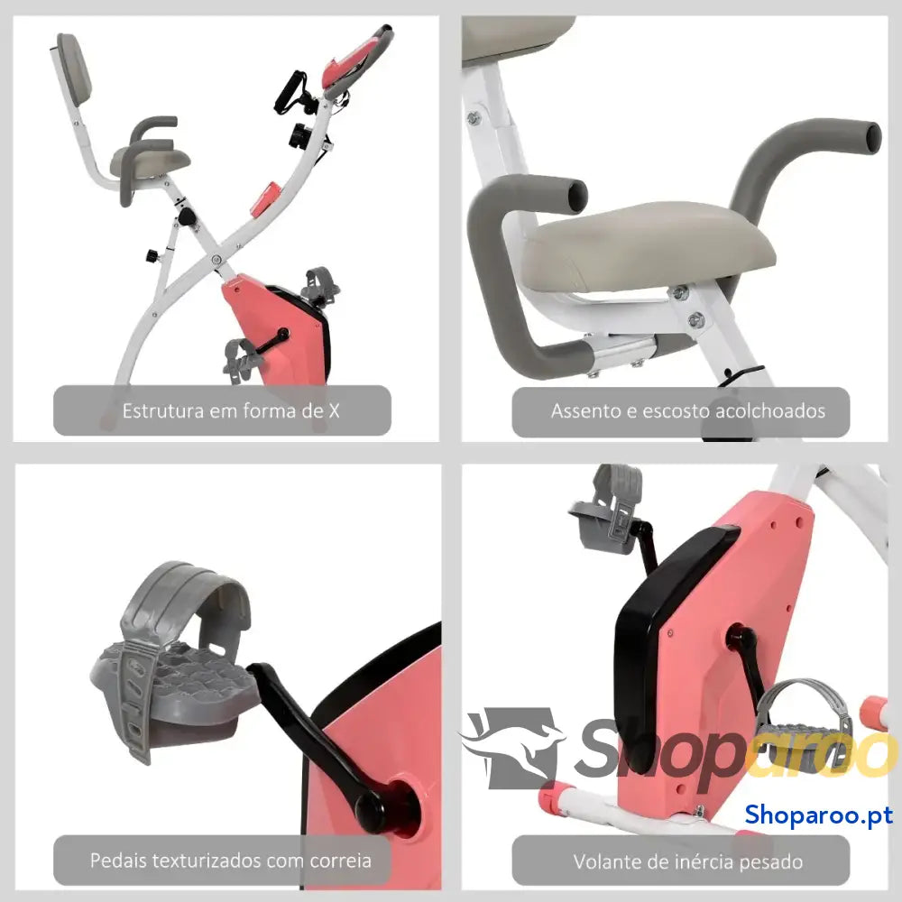 Bicicleta Estática Dobrável com Encosto e Faixa Elástica Rosa