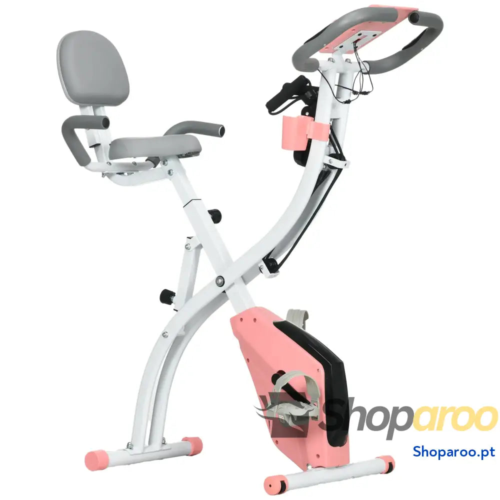 Bicicleta Estática Dobrável com Encosto e Faixa Elástica Rosa