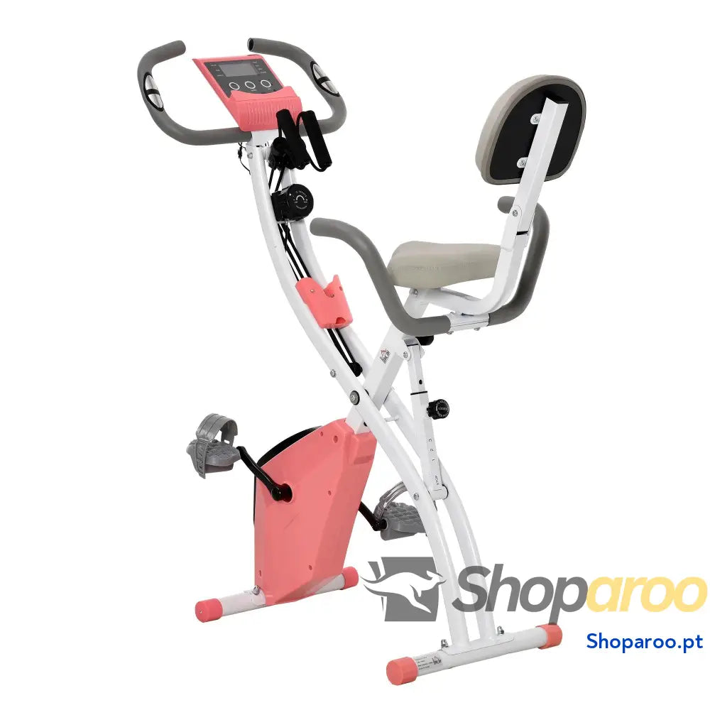 Bicicleta Estática Dobrável com Encosto e Faixa Elástica Rosa