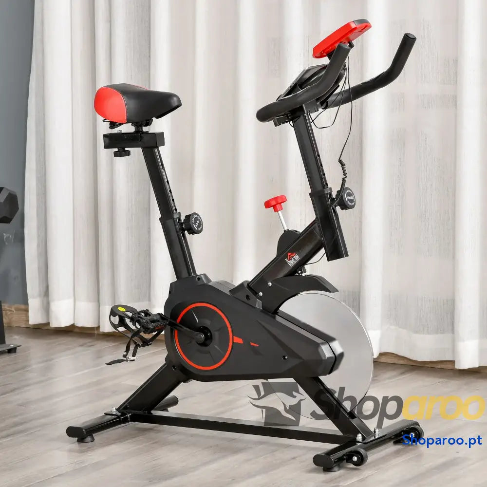 Bicicleta Estática Spinning com Monitor LCD Volante de Inércia de 6kg Assento e Guidão com Altura Ajustável Resistência Regulável 85x46x114cm Preto e Vermelho