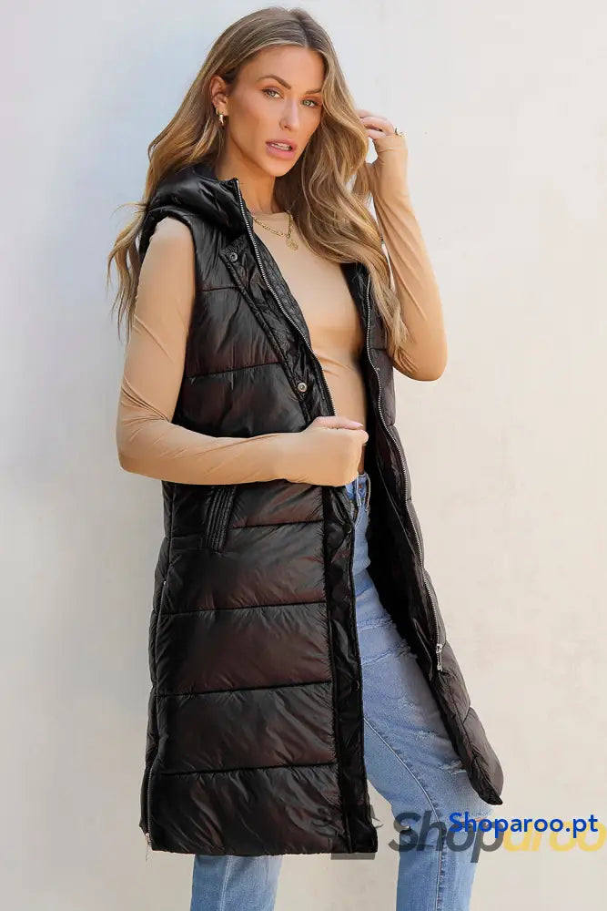 Black Hooded Long Quilted Vest Coat
