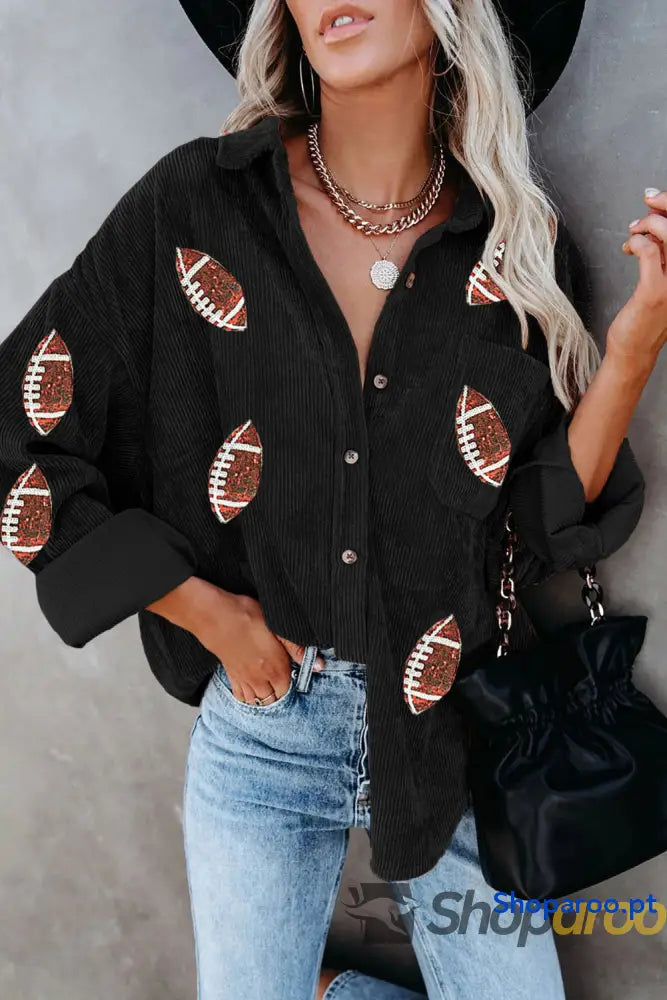 Black Sequin Rugby Pattern Buttoned Corduroy Shacket