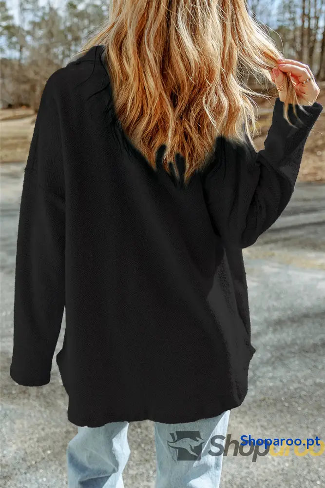 Black Sequined Rugby Flap Pockets Buttoned Shacket