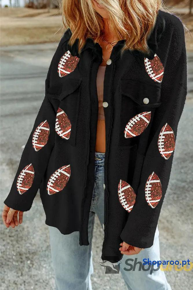 Black Sequined Rugby Flap Pockets Buttoned Shacket