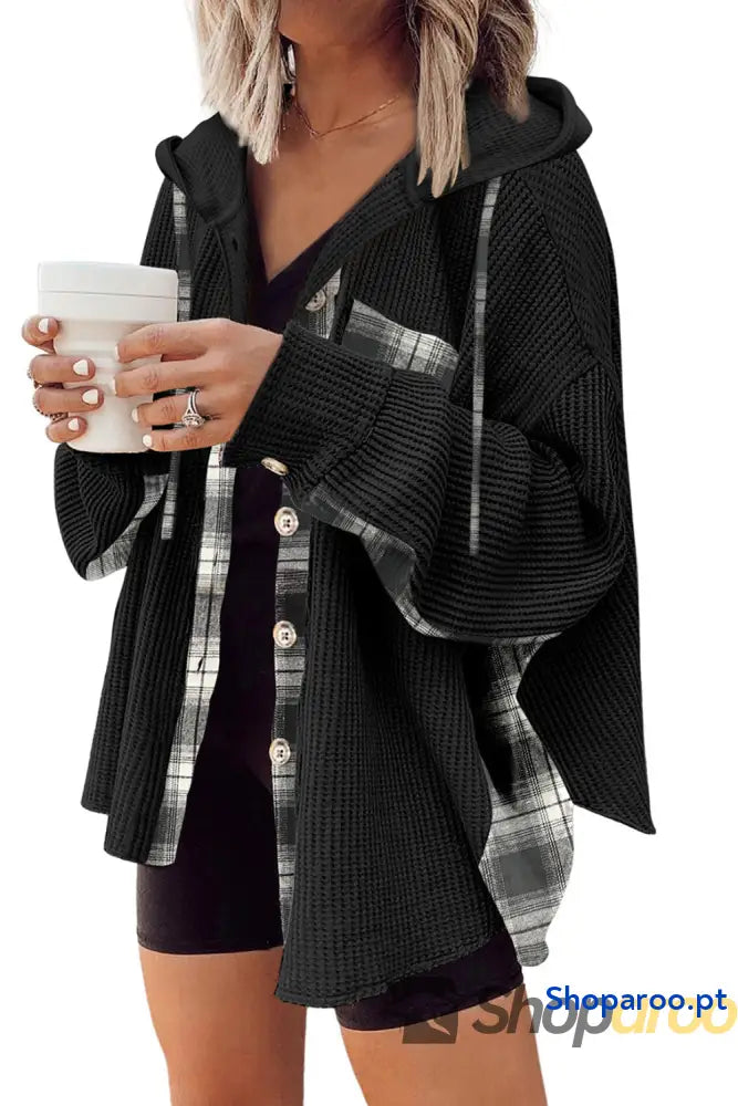 Black Waffle Knit Plaid Patchwork Drawstring Hooded Shacket