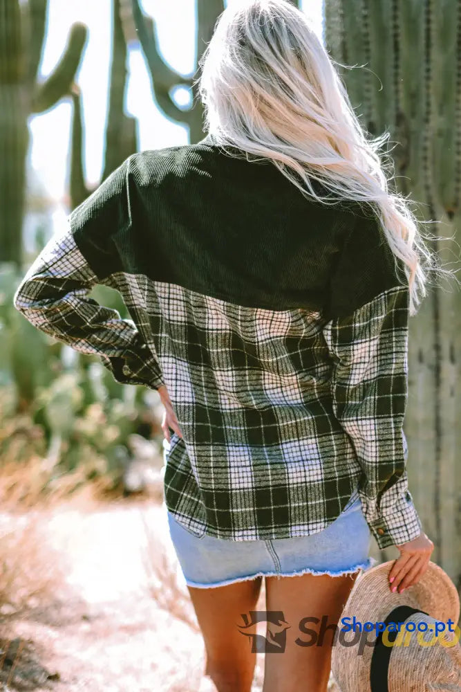 Blackish Green Snap Buttons Colorblock Plaid Shacket