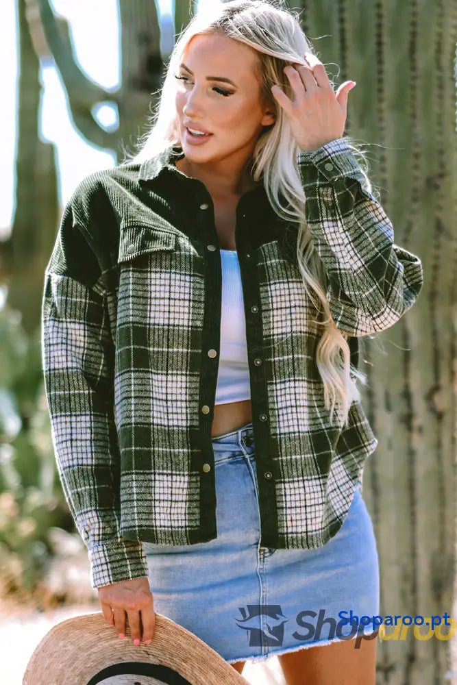 Blackish Green Snap Buttons Colorblock Plaid Shacket