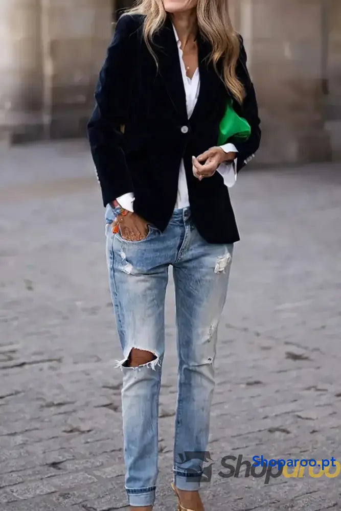 Blazer de manga comprida com gola e lapela um botão