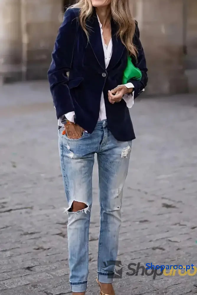 Blazer de manga comprida com gola e lapela um botão