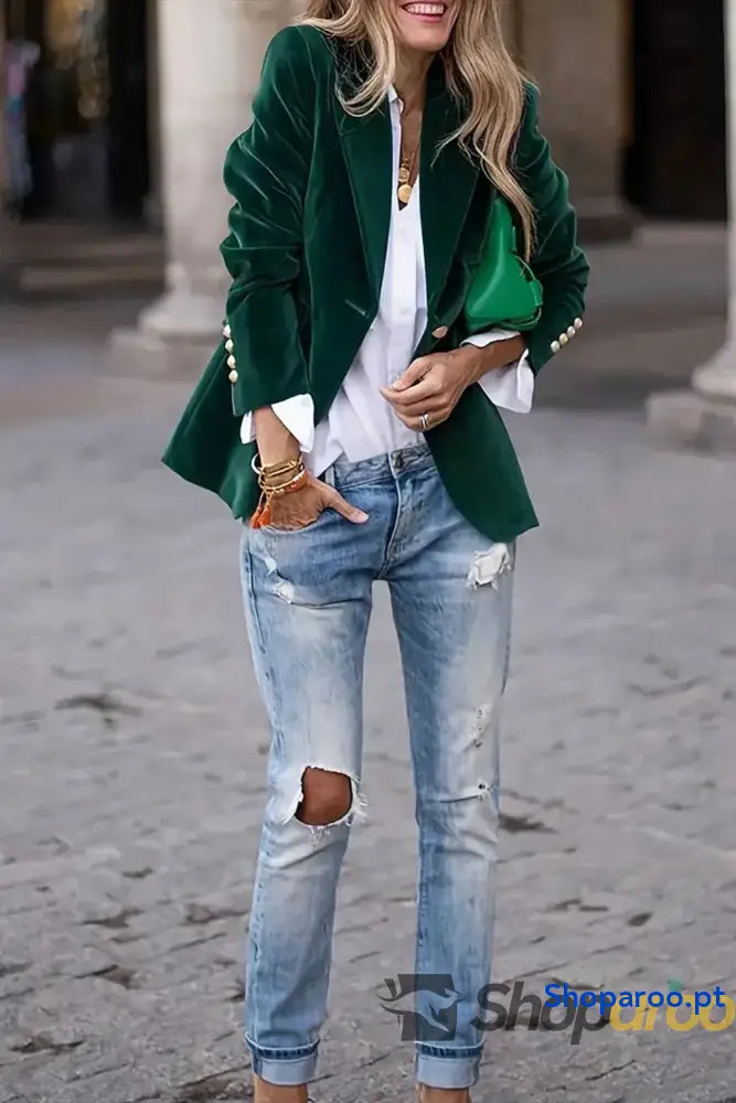 Blazer de manga comprida com gola e lapela um botão