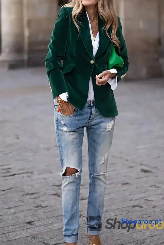 Blazer de manga comprida com gola e lapela um botão