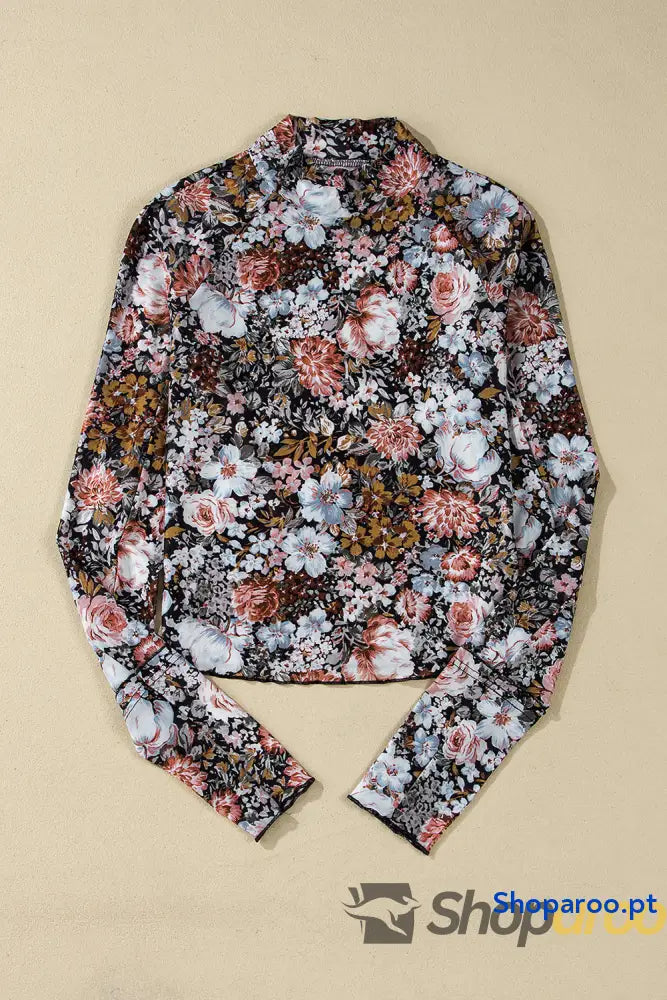 Blusa de malha com manga comprida e gola alta floral castanho