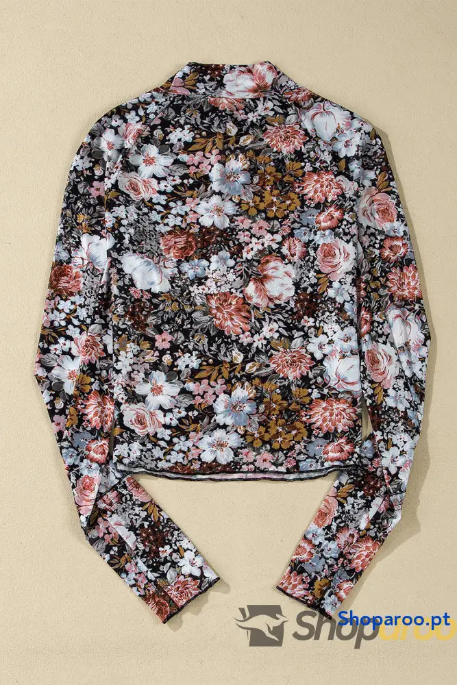 Blusa de malha com manga comprida e gola alta floral castanho
