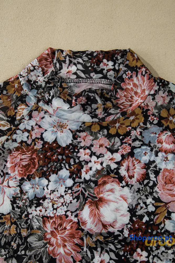 Blusa de malha com manga comprida e gola alta floral castanho
