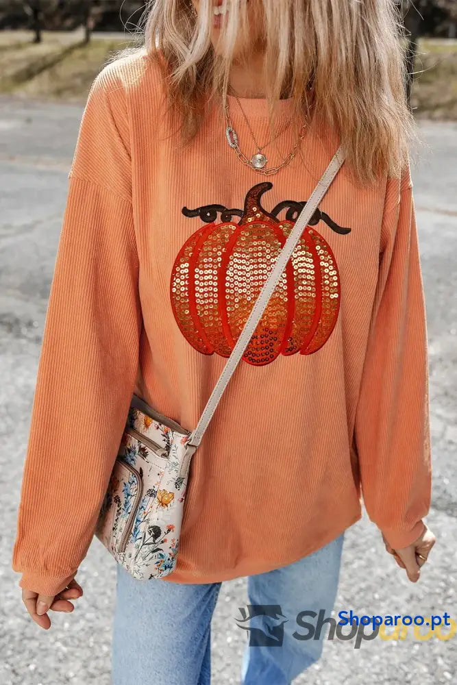 Blusa de manga comprida com gola redonda e abóbora lantejoulas Estampa Halloween