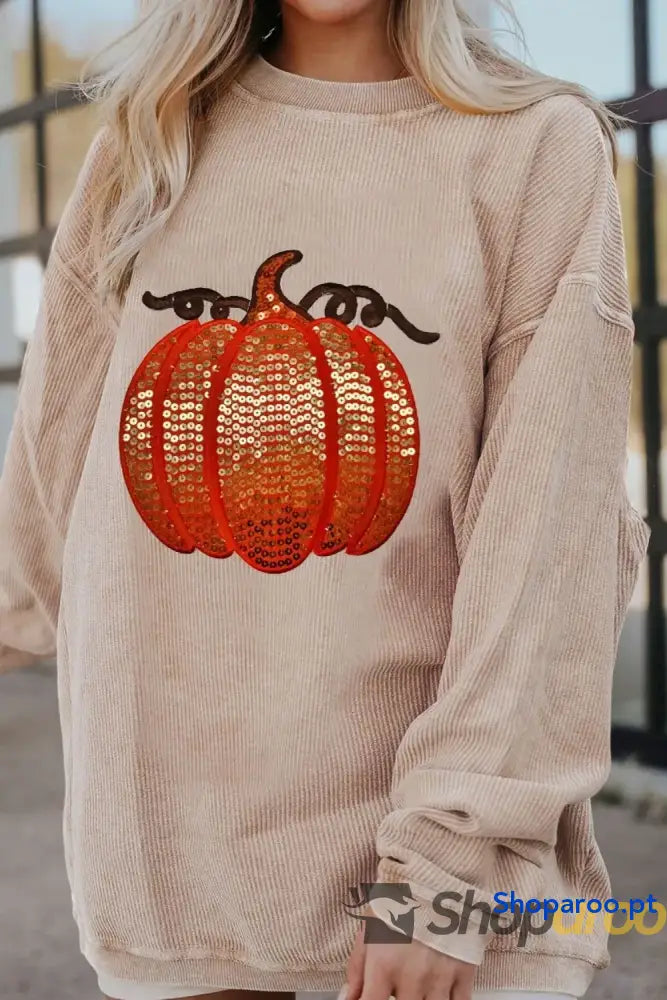 Blusa de manga comprida com gola redonda e abóbora lantejoulas Estampa Halloween