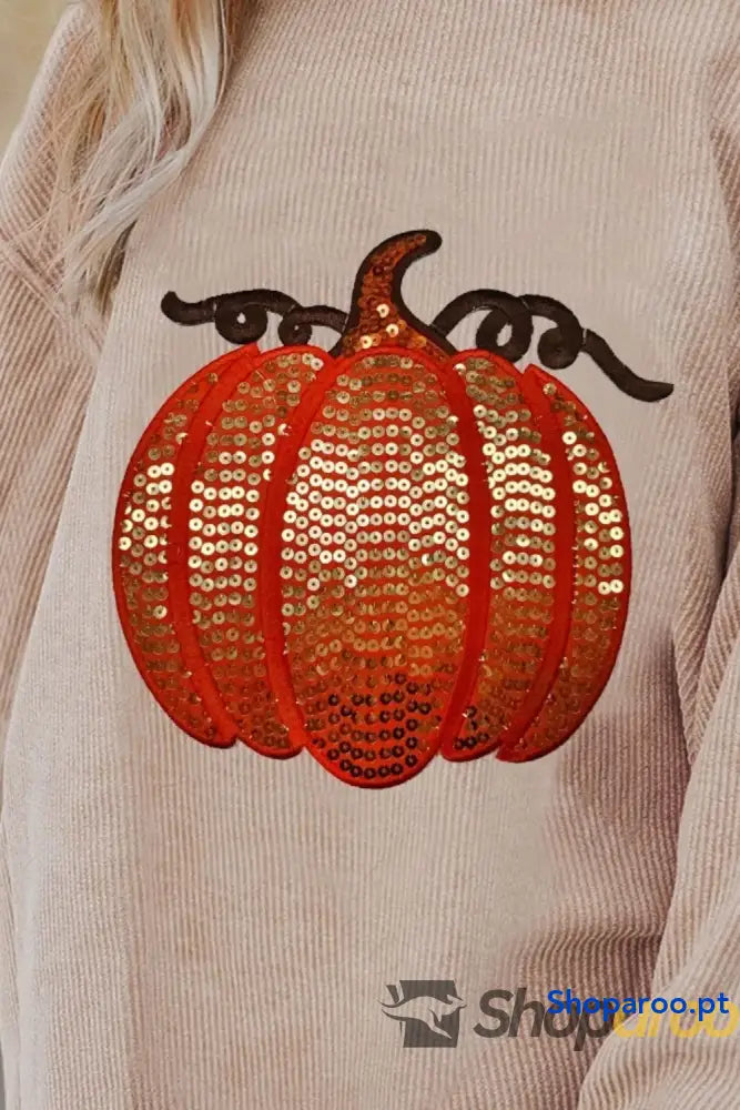 Blusa de manga comprida com gola redonda e abóbora lantejoulas Estampa Halloween