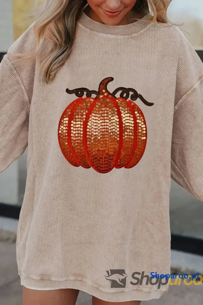 Blusa de manga comprida com gola redonda e abóbora lantejoulas Estampa Halloween