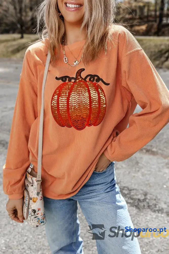 Blusa de manga comprida com gola redonda e abóbora lantejoulas Estampa Halloween