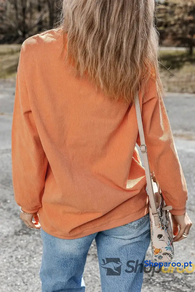 Blusa de manga comprida com gola redonda e abóbora lantejoulas Estampa Halloween