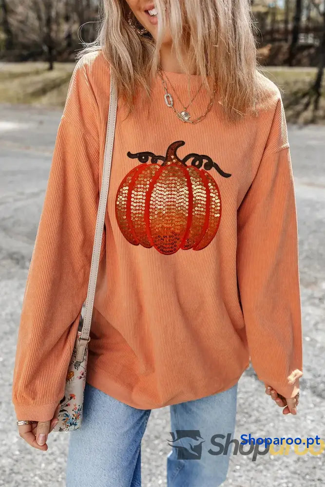 Blusa de manga comprida com gola redonda e abóbora lantejoulas Estampa Halloween