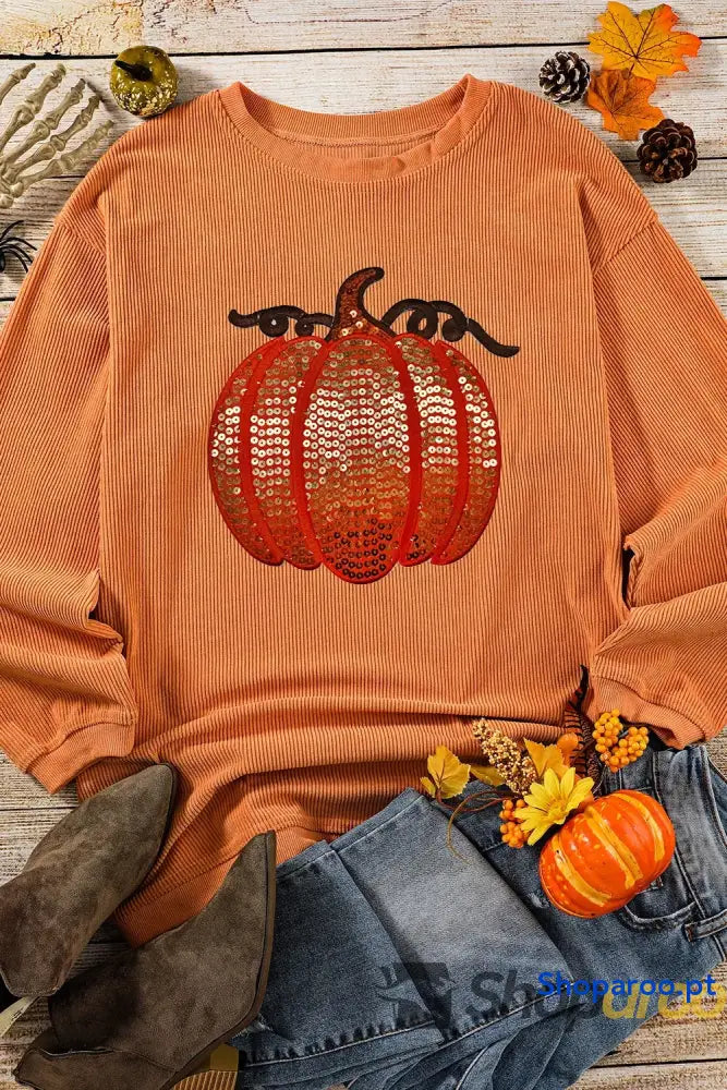 Blusa de manga comprida com gola redonda e abóbora lantejoulas Estampa Halloween