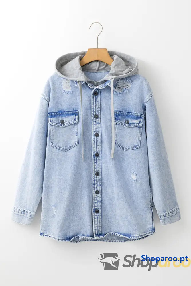 Blusão de ganga oversized com capuz e contraste azul-névoa