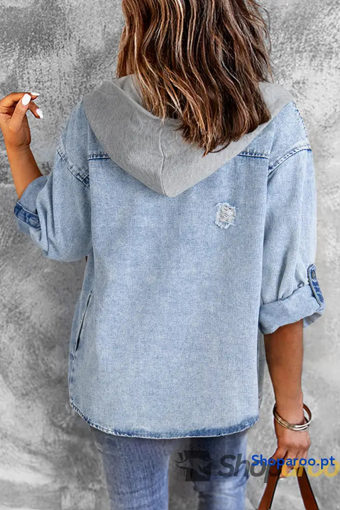 Blusão de ganga oversized com capuz e contraste azul-névoa