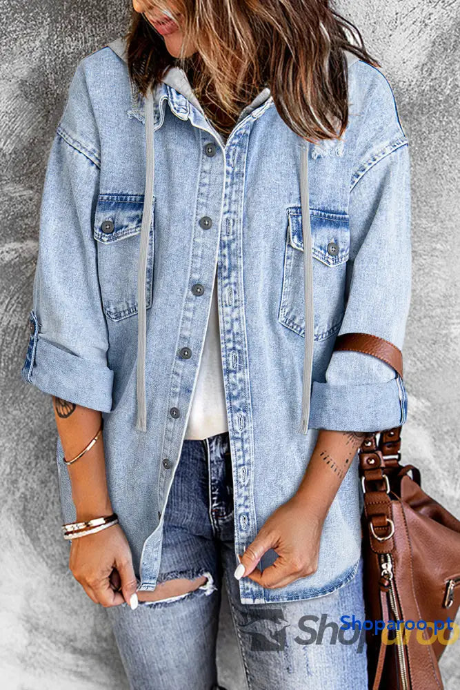 Blusão de ganga oversized com capuz e contraste azul-névoa