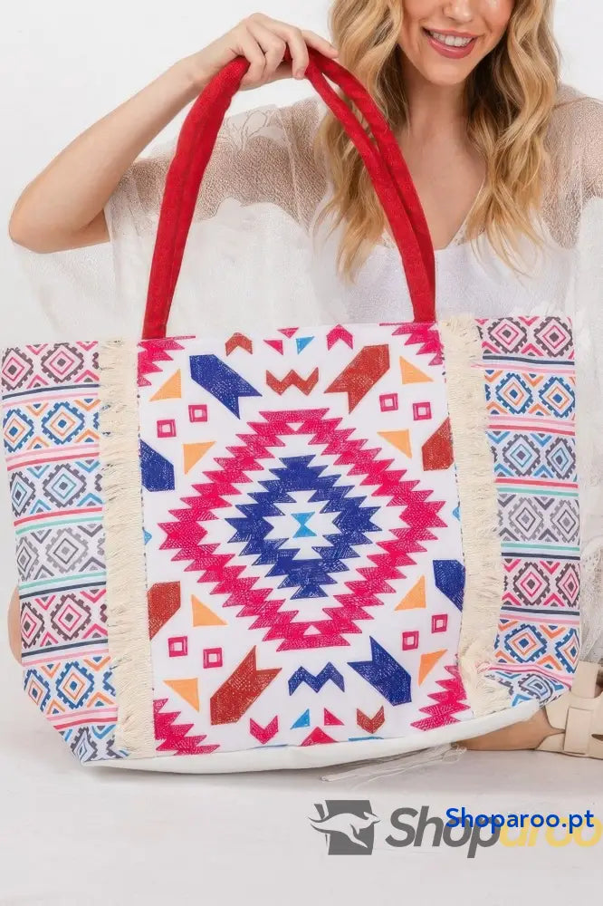 Tote bag com franjas e estampado boho