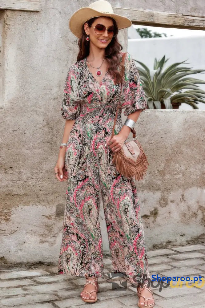 Boho Print Short Sleeve Shirred Waist Fit Jumpsuit