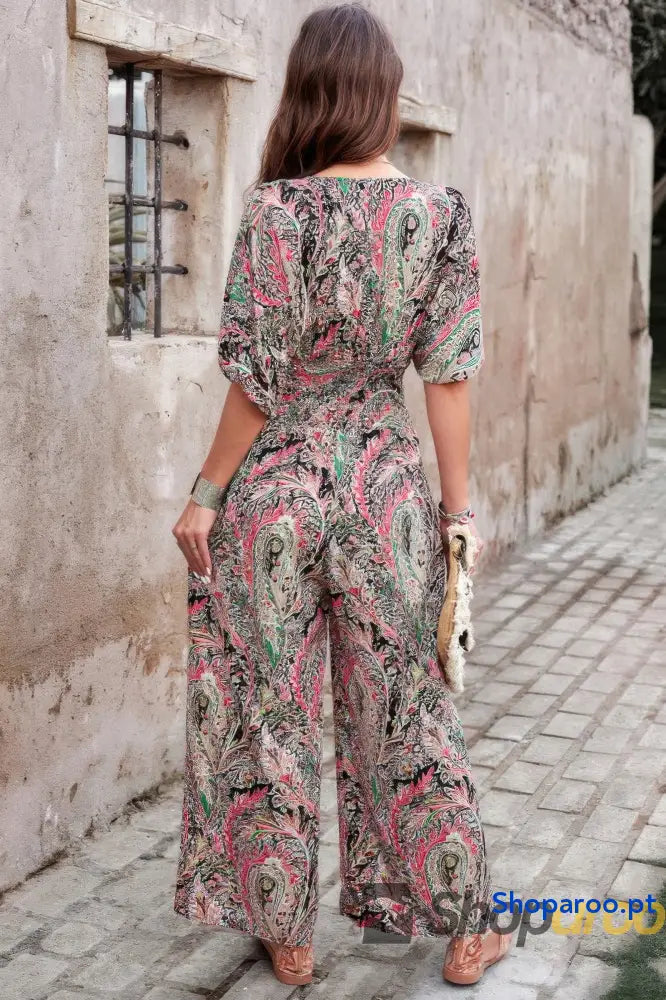 Boho Print Short Sleeve Shirred Waist Fit Jumpsuit