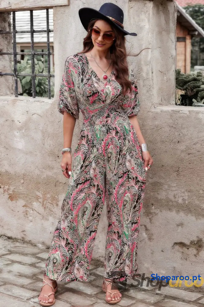 Boho Print Short Sleeve Shirred Waist Fit Jumpsuit