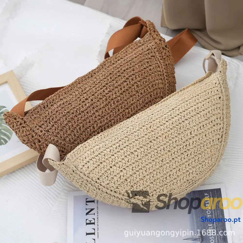Bolsa a tiracolo feita à mão tipo bolinho respirável semicircular versátil bolsa de vime praia verão para mulher luxuos