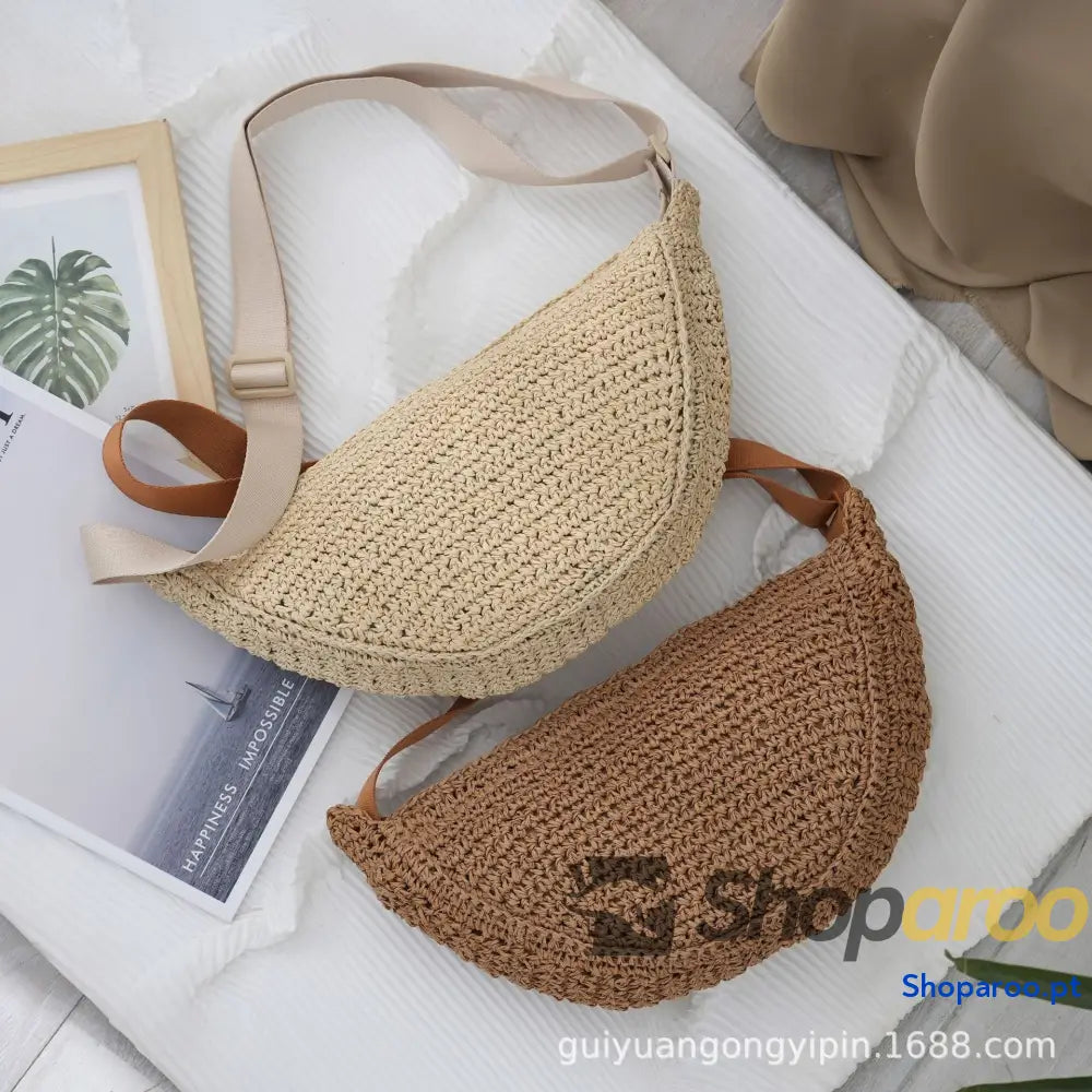 Bolsa a tiracolo feita à mão tipo bolinho respirável semicircular versátil bolsa de vime praia verão para mulher luxuos