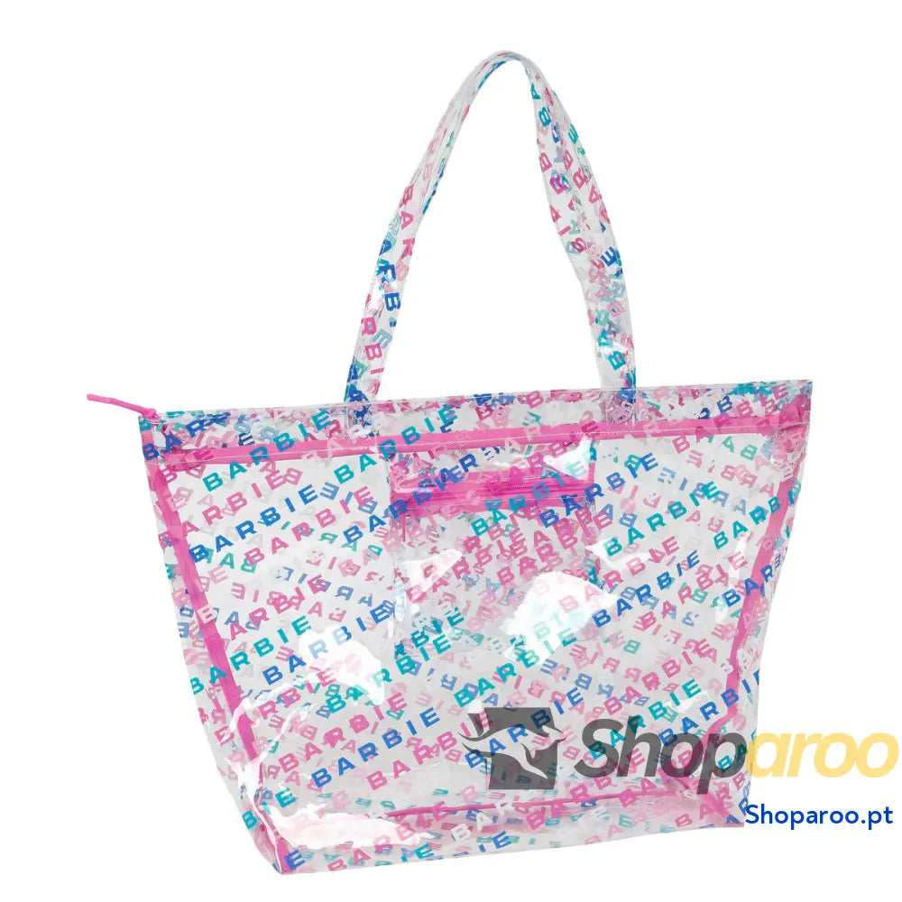 Bolsa Mulher Barbie Logomania Transparente Rosa Claro 54 x 35 17 cm