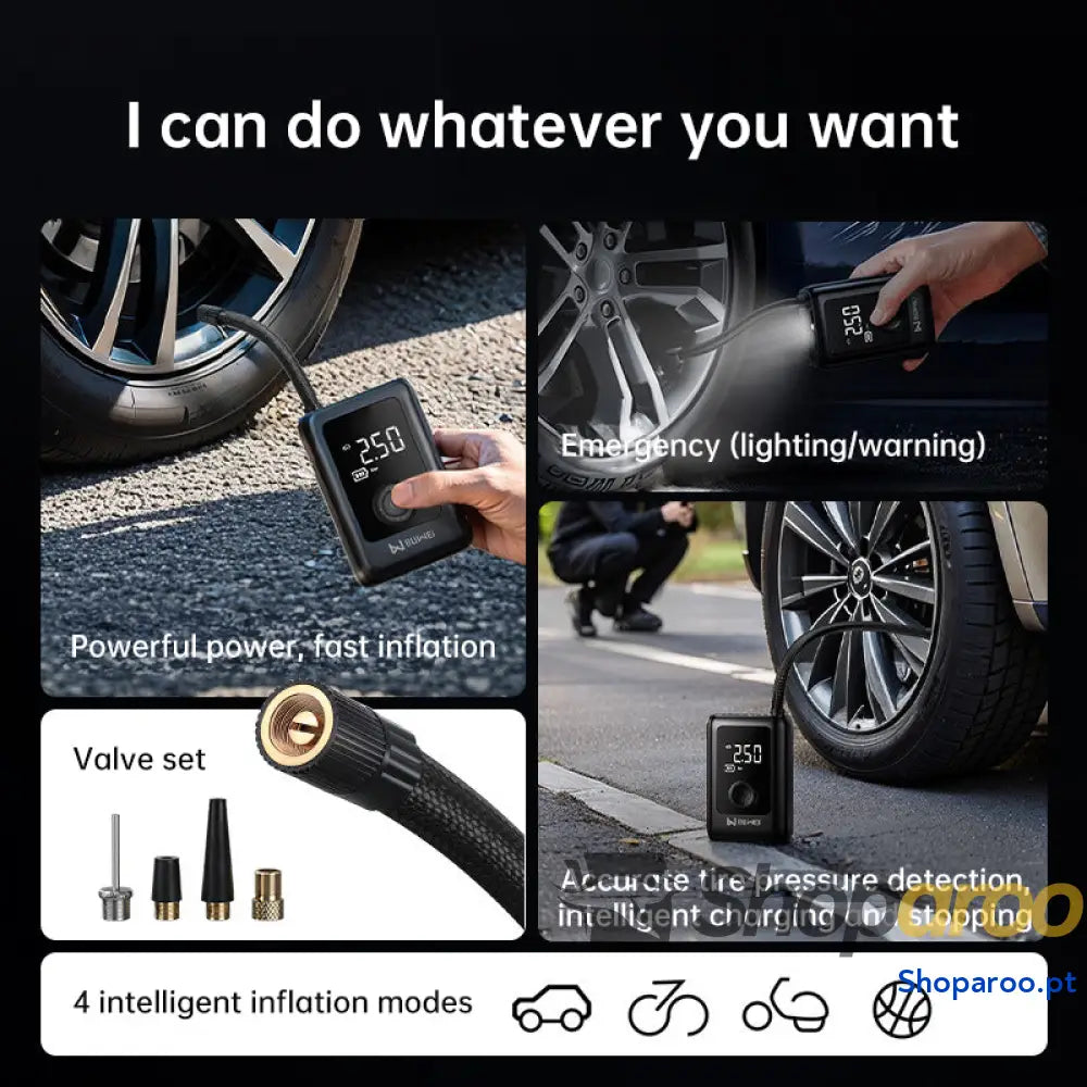 Bomba elétrica recarregável para pneus com luz e LCD de 150 PSI: carros bicicletas Preto