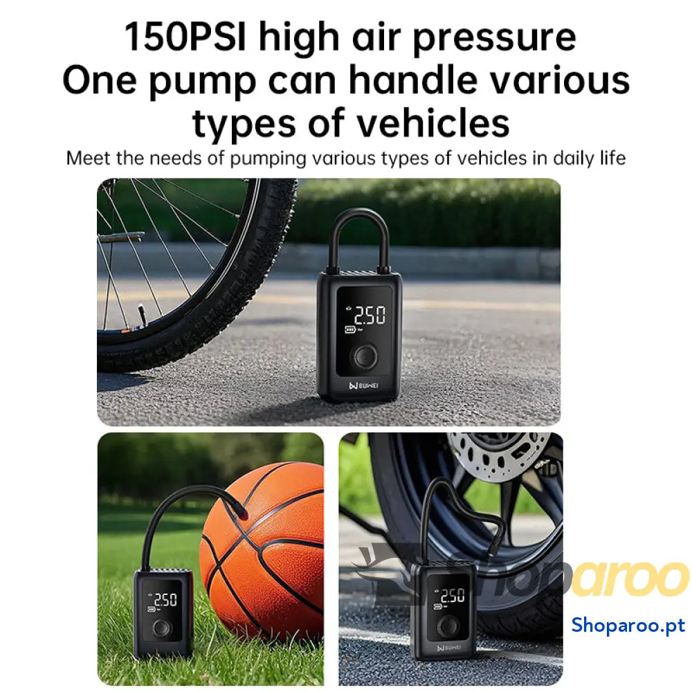 Bomba elétrica recarregável para pneus com luz e LCD de 150 PSI: carros bicicletas Preto